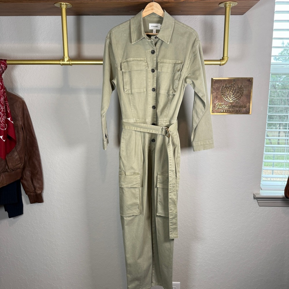 FRAME Washed Olive Green Utility Cargo Belted Jumpsuit BJMP999‎ Womens XS - Picture 9 of 10